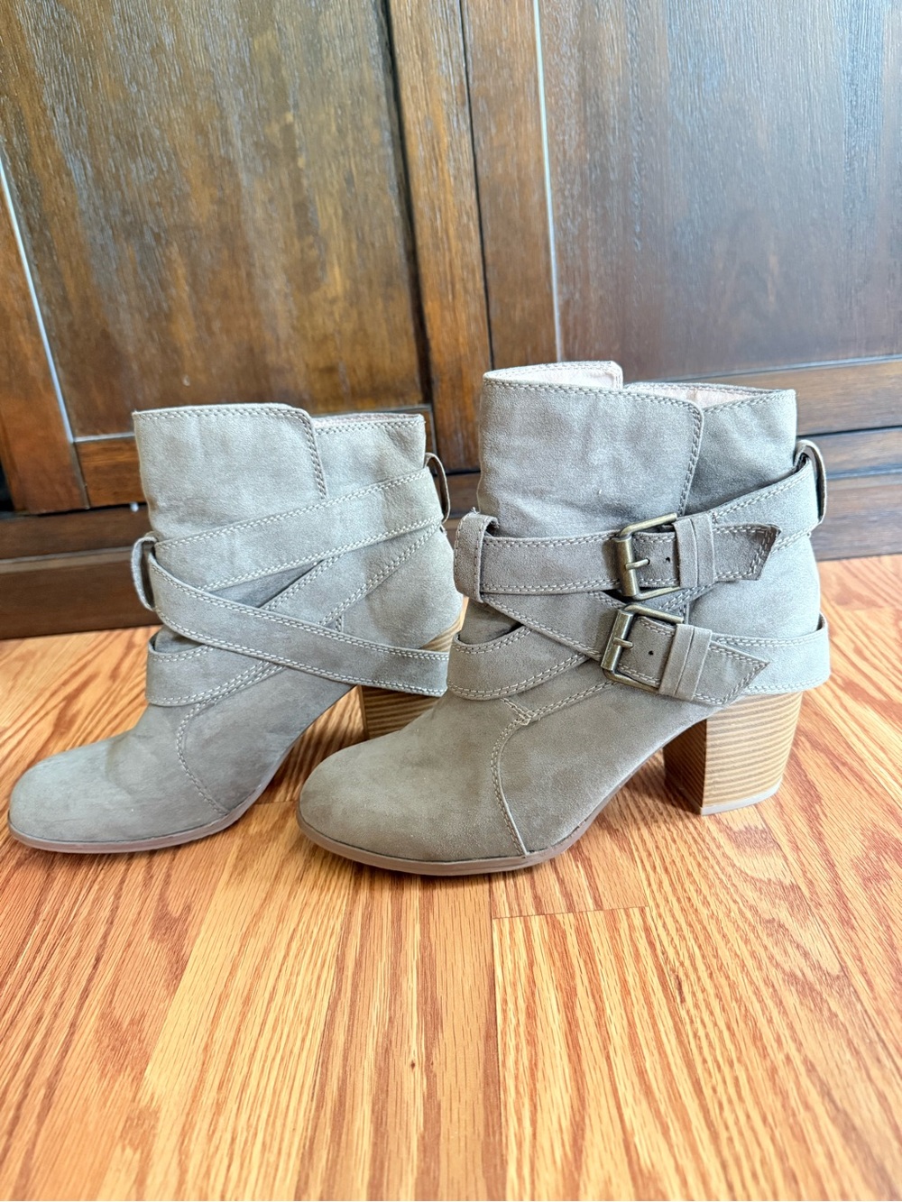 women's taupe suede ankle booties with buckle straps